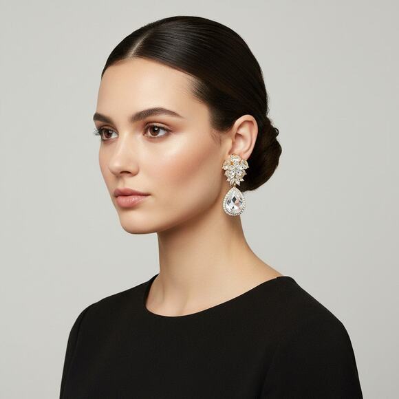 Clip on 2" silver and purple stone flower & teardrop dangle earrings - Picture 4 of 4